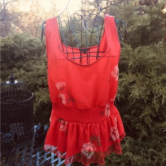 Willow Red Smocked  stretchy mesh lined Peplum Tank Top - Picture 13 of 13